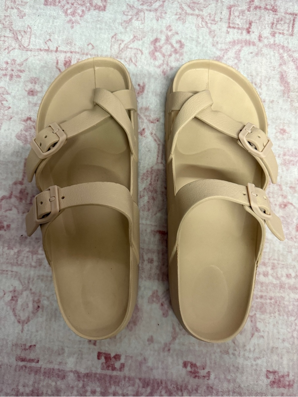 Women’s Beige Platform Double-Buckle Slide Sandals